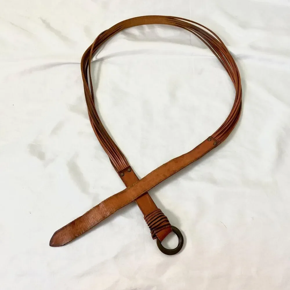 Brown Slim String Boho Leather Waist Belt Double Clasp Ring XL 48